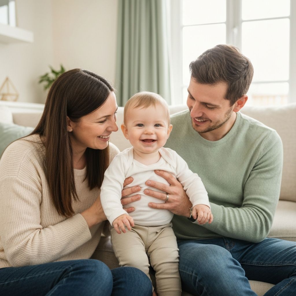 Caring parents with their baby in a safe home